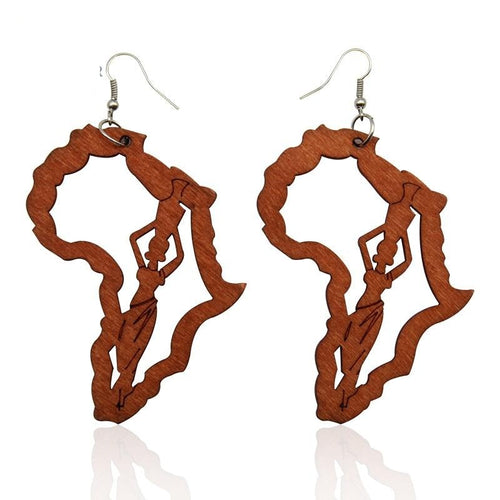 Laser Engraved Wooden Mother Africa Drop Earrings