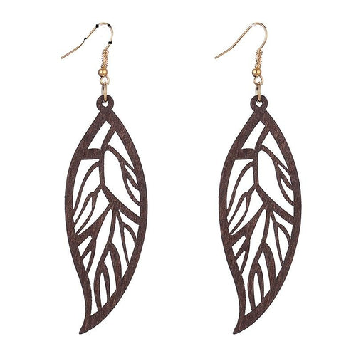 Leaf Pattern Wooden Long Earrings