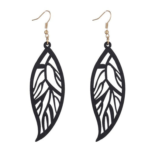 Leaf Pattern Wooden Long Earrings