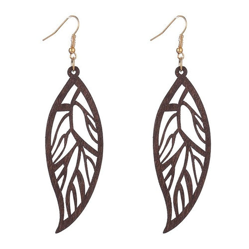 Leaf Pattern Wooden Long Earrings