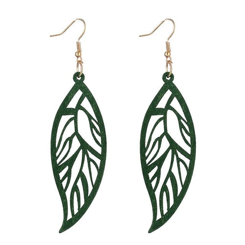 Leaf Pattern Wooden Long Earrings