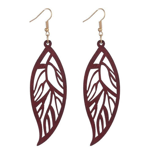 Leaf Pattern Wooden Long Earrings