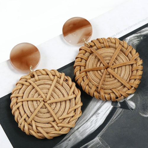 Wooden Straw Weave Rattan Vine Earrings