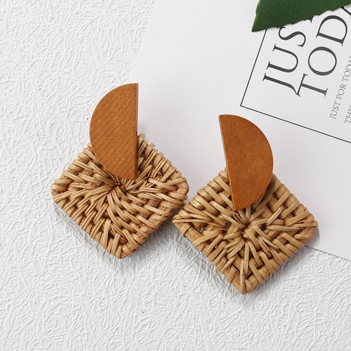 Wooden Straw Weave Rattan Vine Earrings