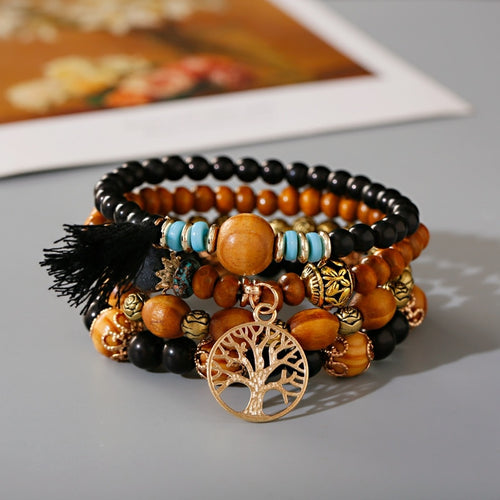 4PCS/Lot Wood Beaded Bracelet Set Charm