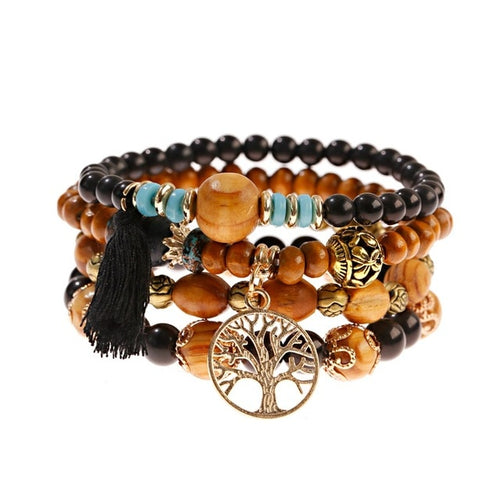 4PCS/Lot Wood Beaded Bracelet Set Charm