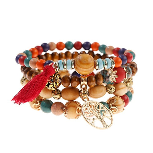 4PCS/Lot Wood Beaded Bracelet Set Charm