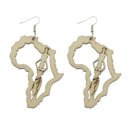 Laser Engraved Wooden Mother Africa Drop Earrings