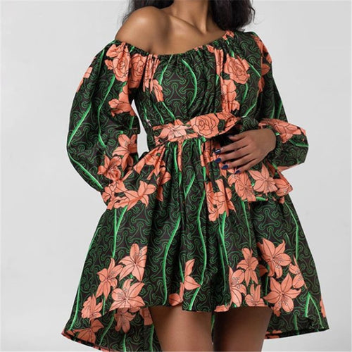 Off the Shoulder Bell Sleeve Print Dress