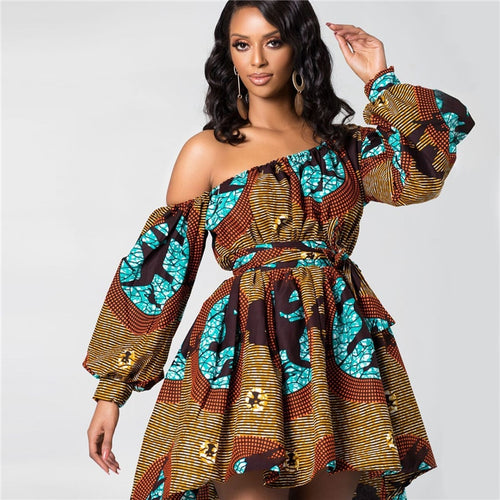 Off the Shoulder Bell Sleeve Print Dress