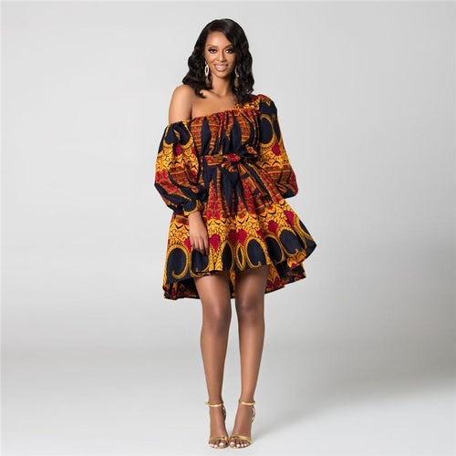 Off the Shoulder Bell Sleeve Print Dress