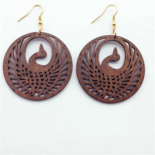 Wood Bird Circle Earring