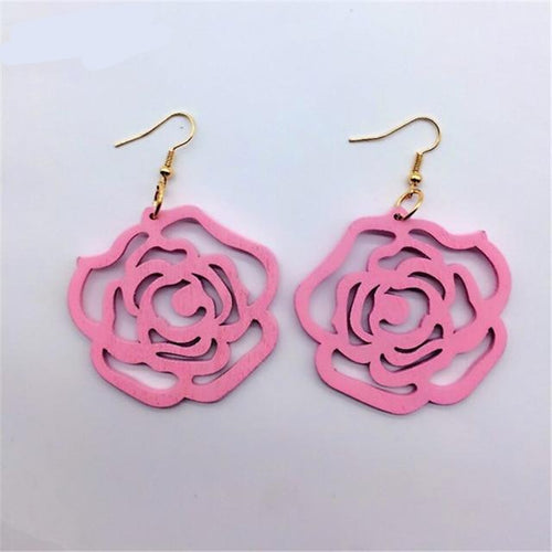 Wood  Rose Flower Earrings